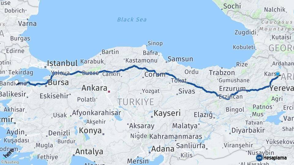 Kars Biga Çanakkale Arası Kaç Km - Yol Haritası