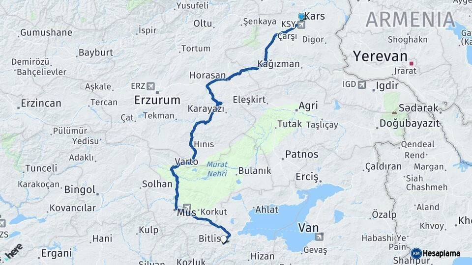 Kars Bitlis Arası Kaç Km - Yol Haritası
