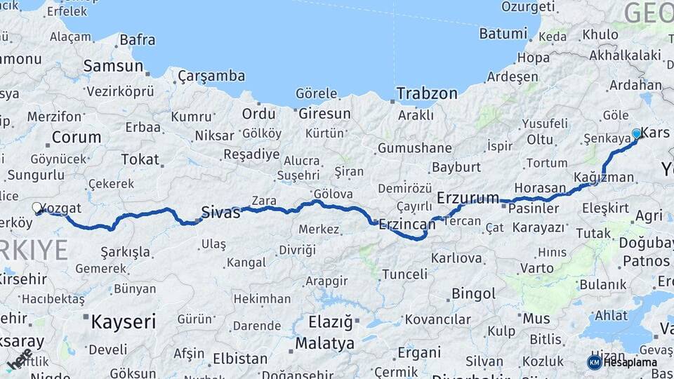 Kars Boğatepe Arası Kaç Km - Yol Haritası