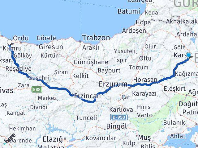 Kars Çamaş Ordu Arası Kaç Km - Yol Haritası
