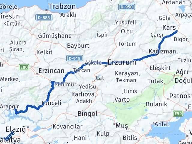 Kars Çemişgezek Tunceli Arası Kaç Km - Yol Haritası