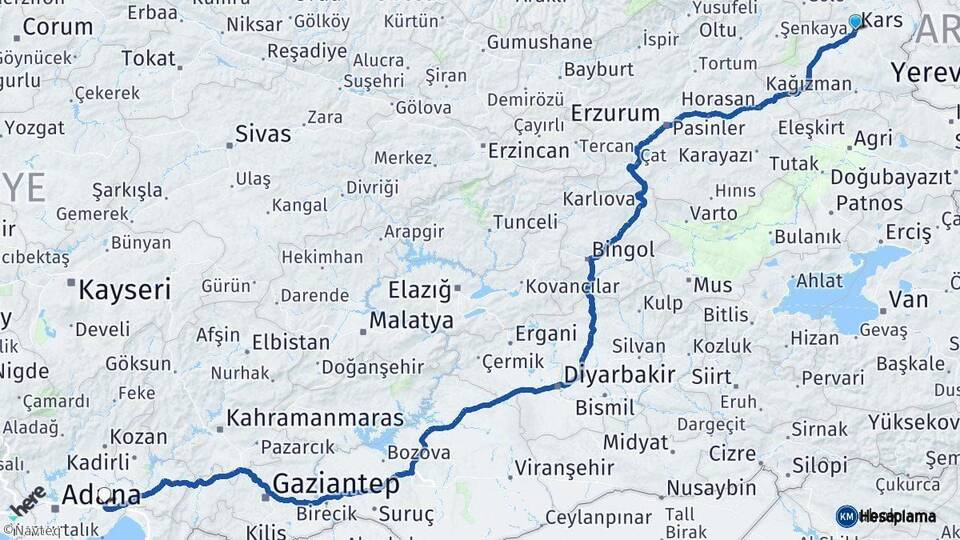 Kars Ceyhan Adana Arası Kaç Km - Yol Haritası