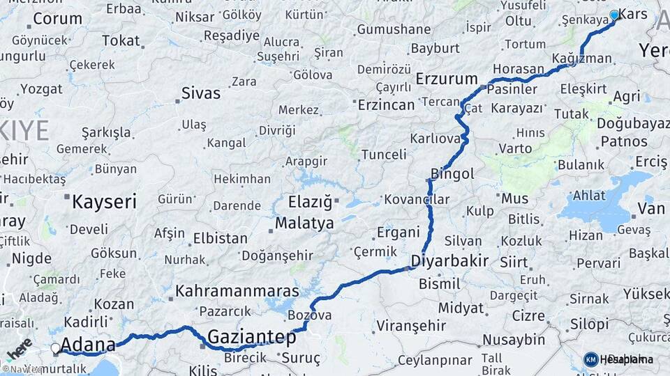 Kars Çığırgan Arası Kaç Km - Yol Haritası