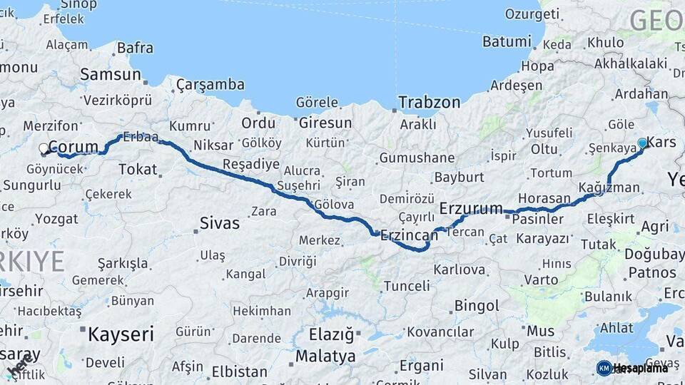 Kars Çorum Arası Kaç Km - Yol Haritası