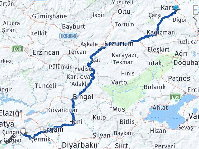 Kars Çüngüş Diyarbakır Arası Kaç Km - Yol Haritası