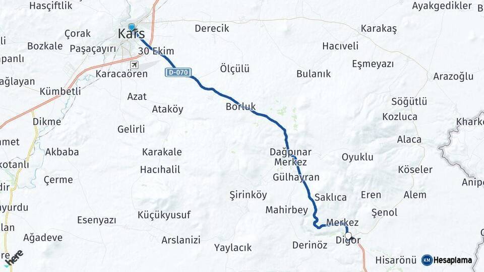 Kars Digor Arası Kaç Km - Yol Haritası