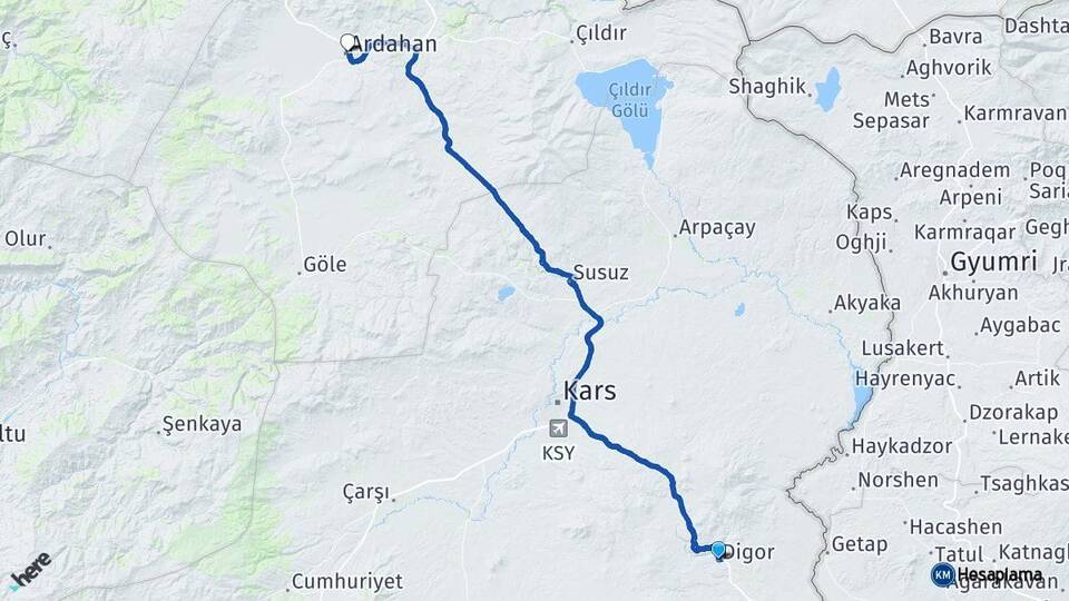 Kars Digor Ardahan Arası Kaç Km - Yol Haritası