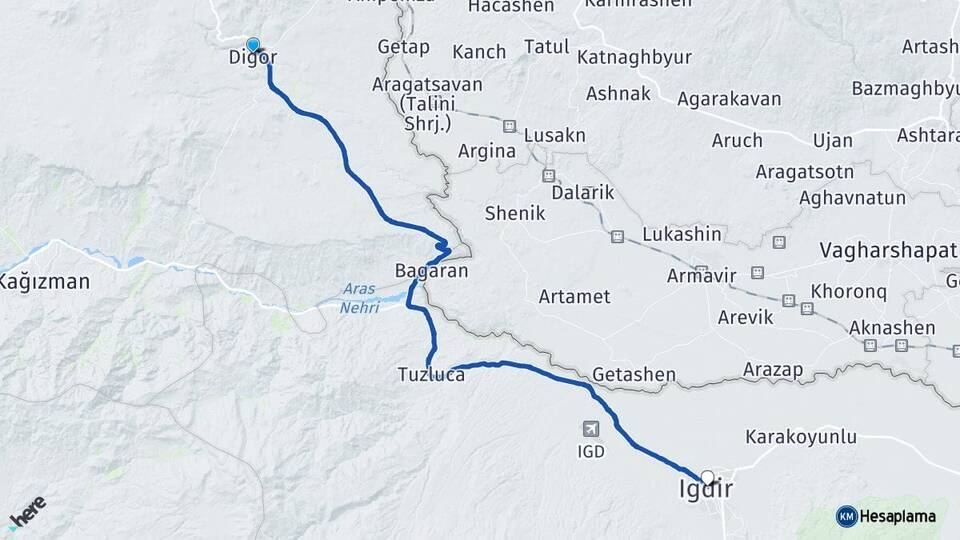 Kars Digor Iğdır Arası Kaç Km - Yol Haritası