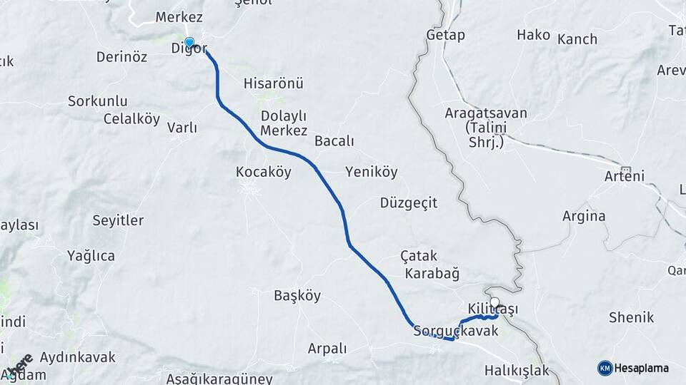 Kars Digor Kilittaşı Digor Arası Kaç Km - Yol Haritası