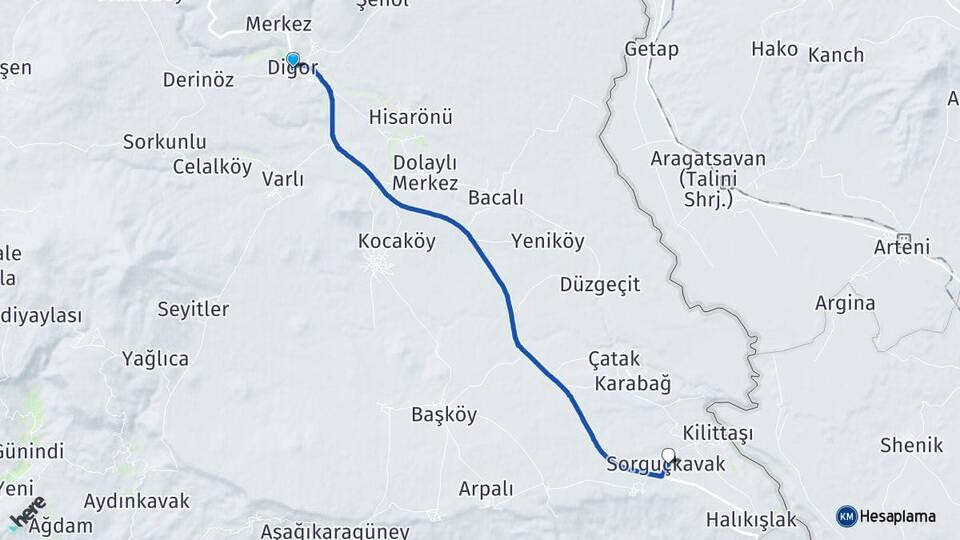 Kars Digor Sorguçkavak Digor Arası Kaç Km - Yol Haritası
