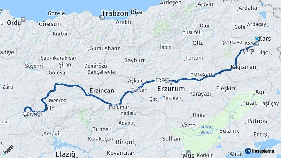 Kars Divriği Sivas Arası Kaç Km - Yol Haritası