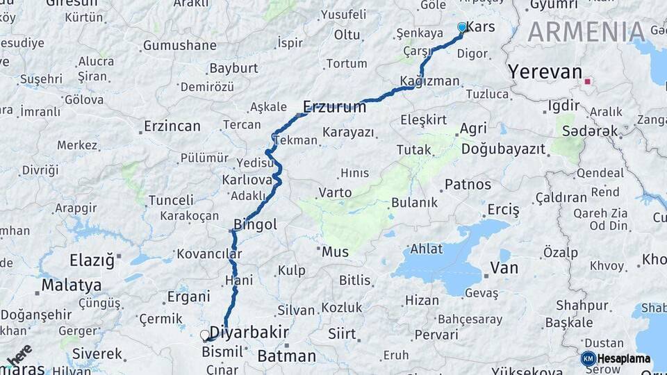 Kars Diyarbakır Arası Kaç Km - Yol Haritası