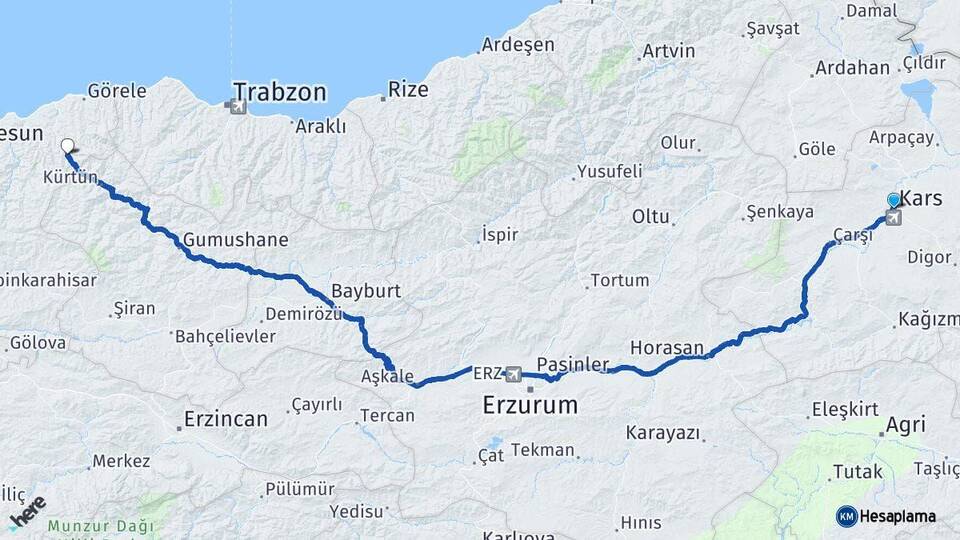 Kars Doğankent Giresun Arası Kaç Km - Yol Haritası