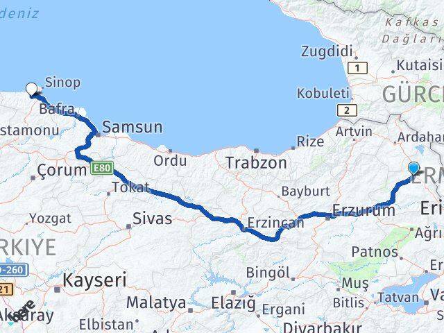 Kars Erfelek Sinop Arası Kaç Km - Yol Haritası