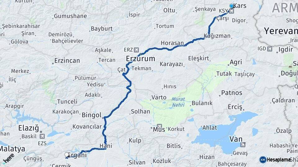 Kars Ergani Diyarbakır Arası Kaç Km - Yol Haritası
