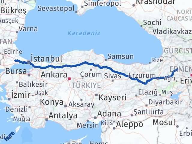 Kars Ergene Tekirdağ Arası Kaç Km - Yol Haritası