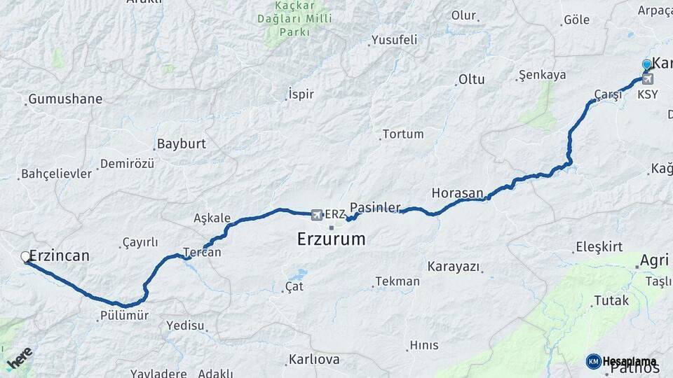 Kars Erzincan Arası Kaç Km - Yol Haritası