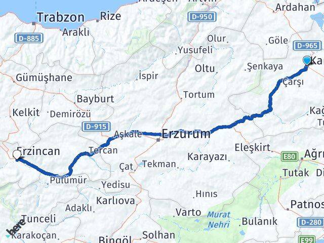 Kars Erzincan Havalimanı Arası Kaç Km - Yol Haritası