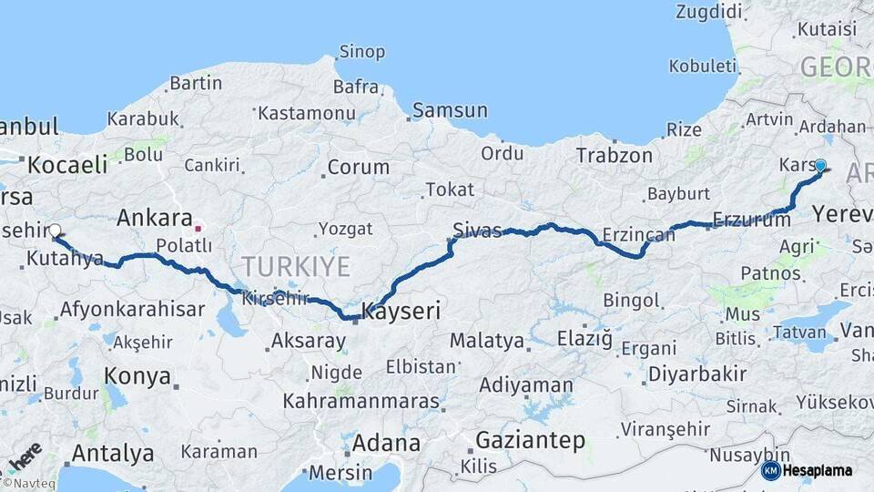 Kars Eskişehir Arası Kaç Km - Yol Haritası