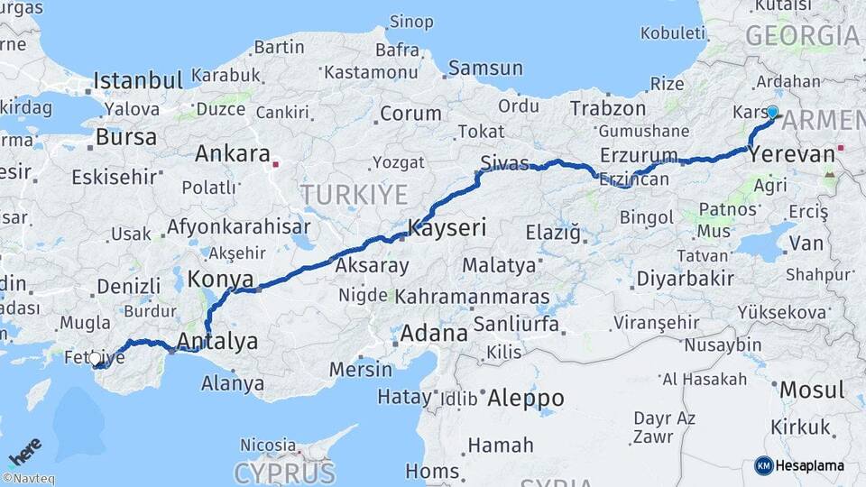 Kars Fethiye Muğla Arası Kaç Km - Yol Haritası