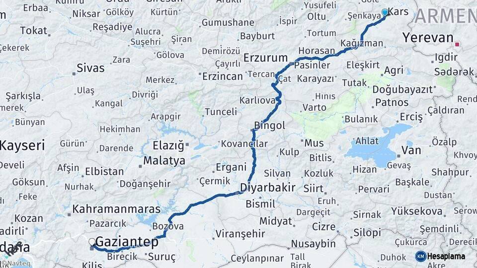 Kars Gaziantep Arası Kaç Km - Yol Haritası