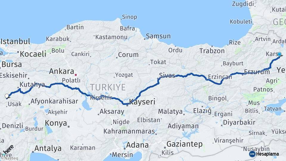 Kars Gediz Kütahya Arası Kaç Km - Yol Haritası