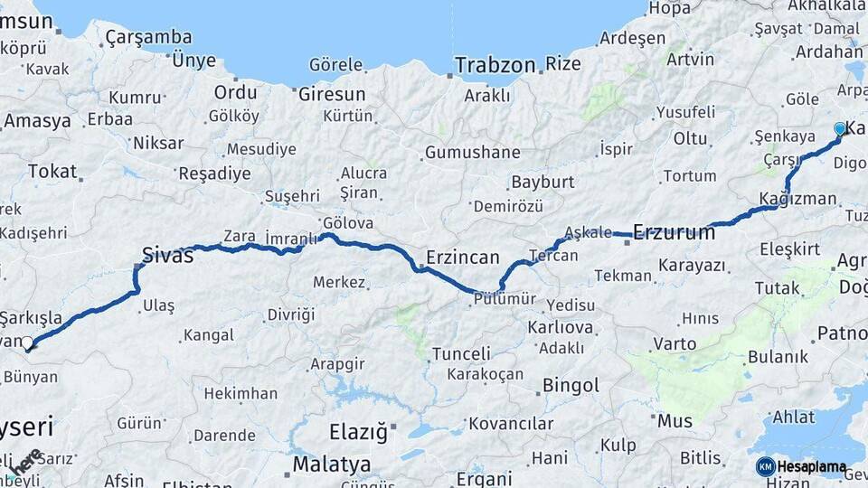 Kars Gemerek Sivas Arası Kaç Km - Yol Haritası