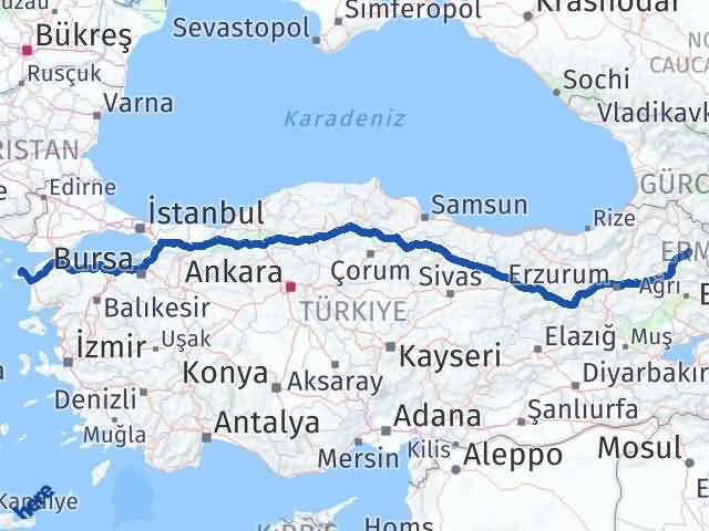 Kars Gökçeada Çanakkale Arası Kaç Km - Yol Haritası