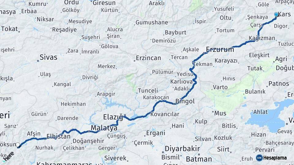 Kars Göksun Kahramanmaraş Arası Kaç Km - Yol Haritası