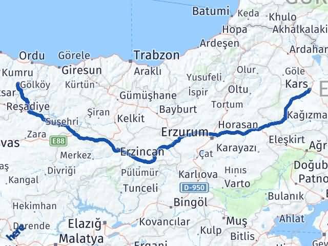 Kars Gölköy Ordu Arası Kaç Km - Yol Haritası