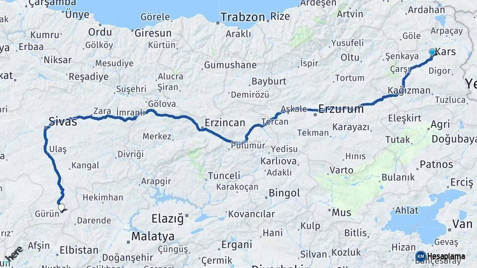 Kars Gürün Sivas Arası Kaç Km - Yol Haritası