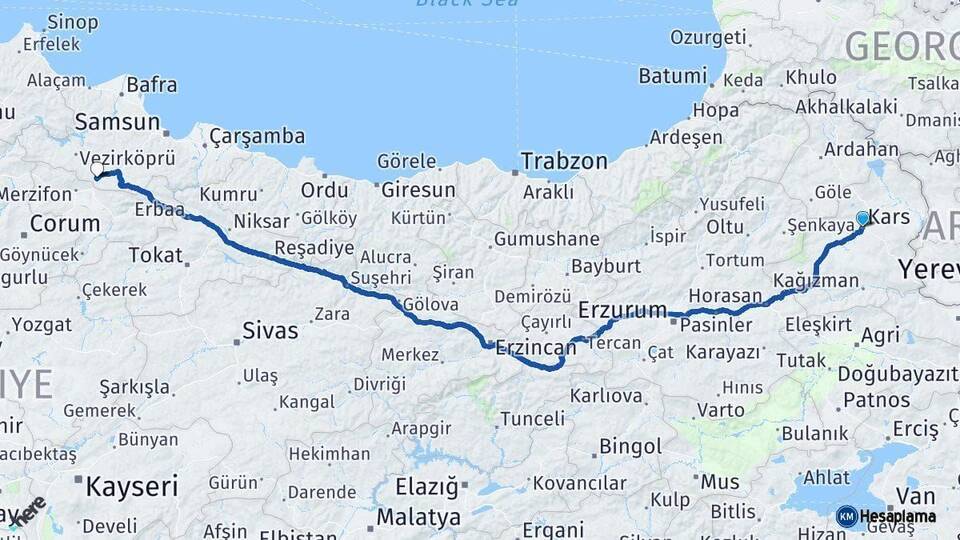 Kars Havza Samsun Arası Kaç Km - Yol Haritası