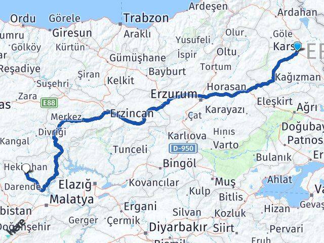 Kars Hekimhan Malatya Arası Kaç Km - Yol Haritası