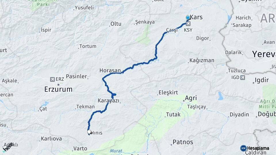 Kars Hınıs Erzurum Arası Kaç Km - Yol Haritası