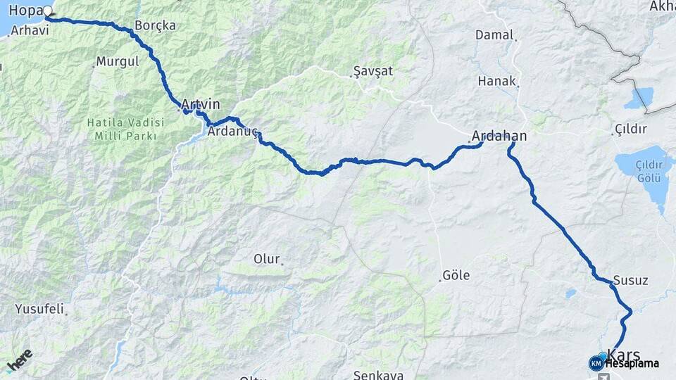 Kars Hopa Artvin Arası Kaç Km - Yol Haritası