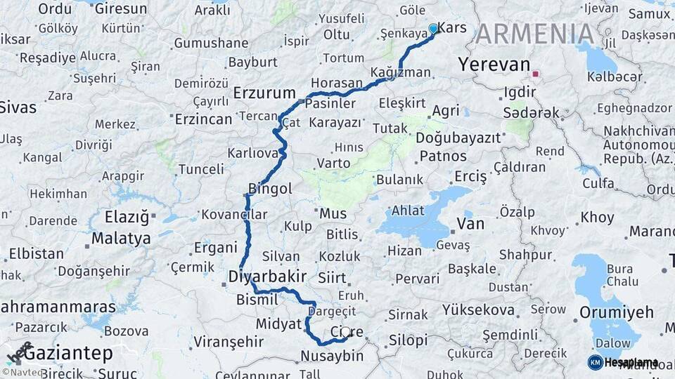 Kars İdil Şırnak Arası Kaç Km - Yol Haritası