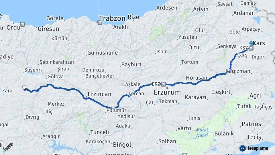 Kars İmranlı Sivas Arası Kaç Km - Yol Haritası