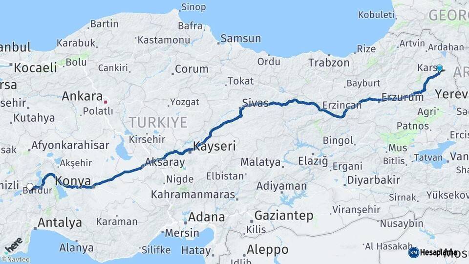 Kars Isparta Arası Kaç Km - Yol Haritası