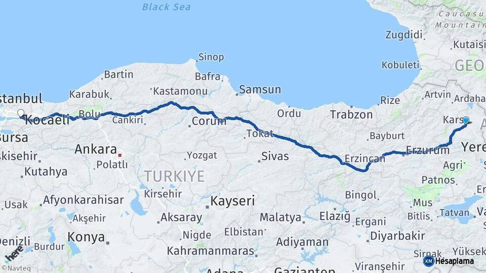 Kars İzmit Kocaeli Arası Kaç Km - Yol Haritası