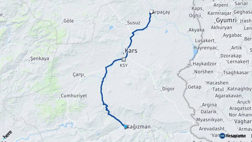Kars Kağızman Arpaçay Arası Kaç Km - Yol Haritası