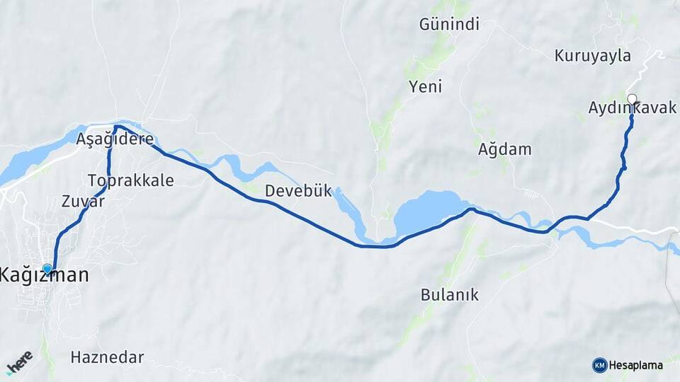 Kars Kağızman Aydınkavak Kağızman Arası Kaç Km - Yol Haritası