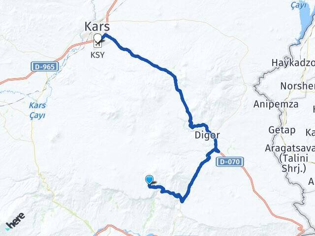 Günindiyaylası Kars Harakani Havalimanı Arası Kaç Km - Yol Tarifi