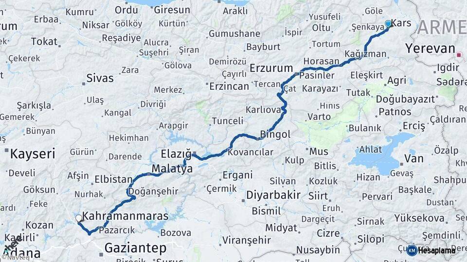 Kars Kahramanmaraş Arası Kaç Km - Yol Haritası