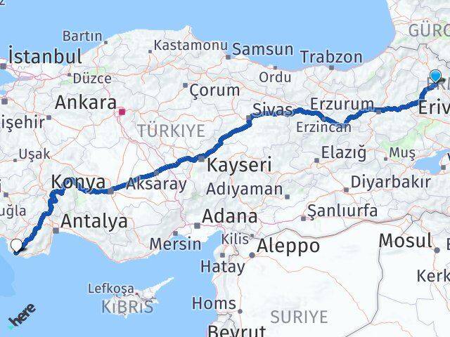Kars Kalkan Kaş Antalya Arası Kaç Km - Yol Haritası