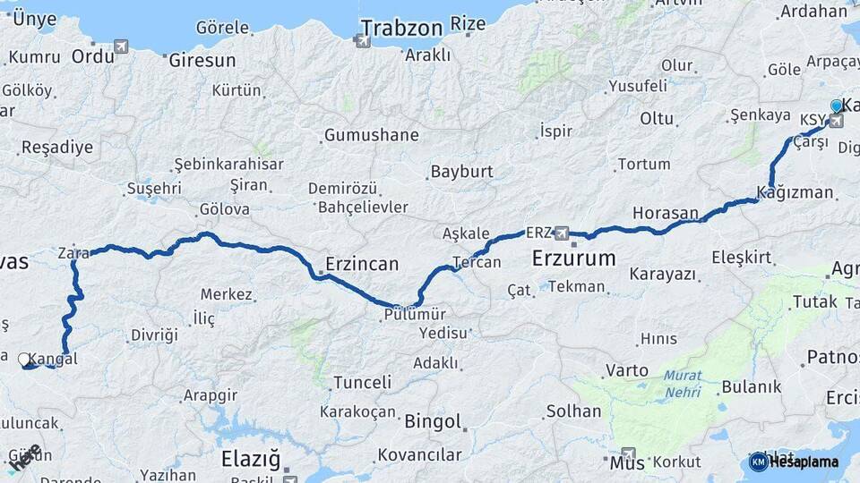 Kars Kangal Sivas Arası Kaç Km - Yol Haritası
