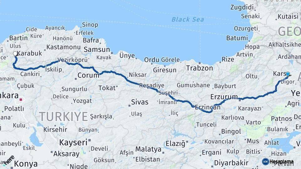 Kars Karabük Arası Kaç Km - Yol Haritası