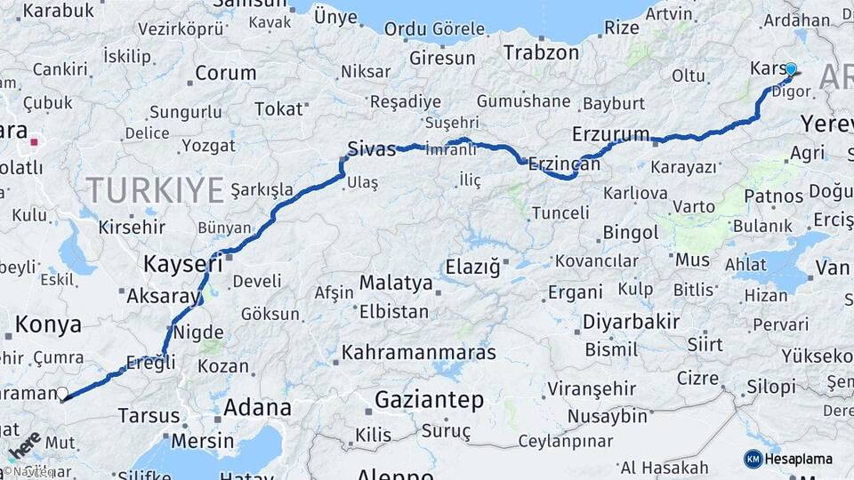 Kars Karadağ Arası Kaç Km - Yol Haritası
