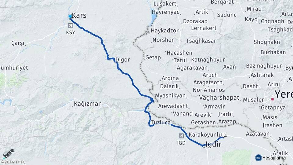 Kars Karakoyunlu Iğdır Arası Kaç Km - Yol Haritası