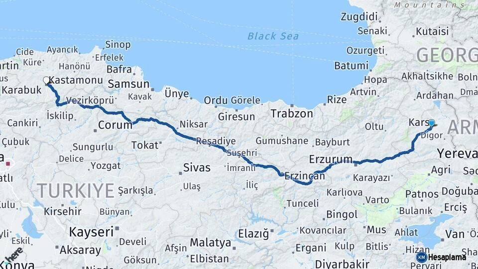 Kars Kastamonu Arası Kaç Km - Yol Haritası