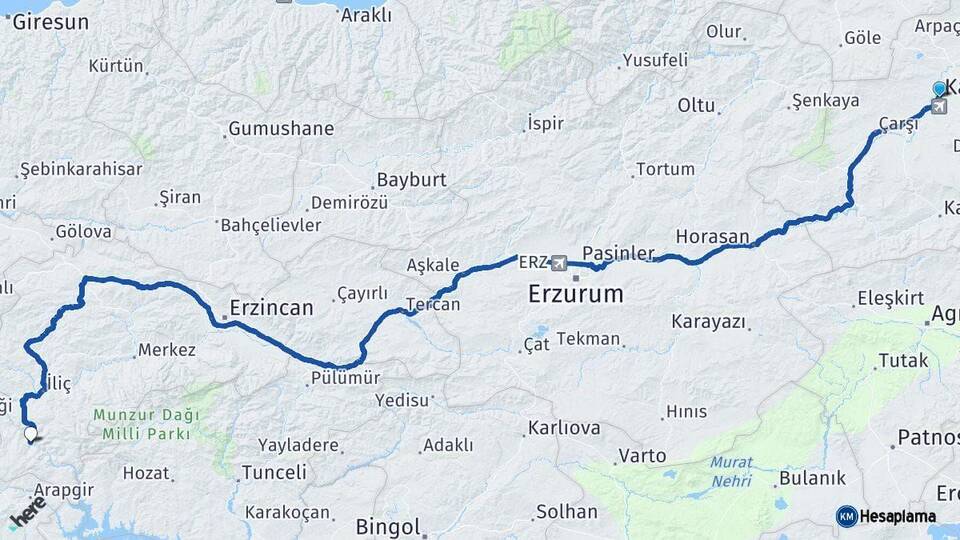 Kars Kemaliye Erzincan Arası Kaç Km - Yol Haritası